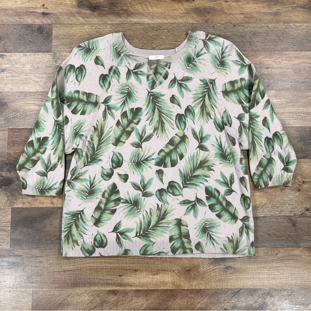 J Jill Sweater Womens XS Beige Green Floral 3/4 Sleeve Crew Neck Top